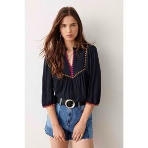 Women's Black Embroidered V-Neck Peasant Top